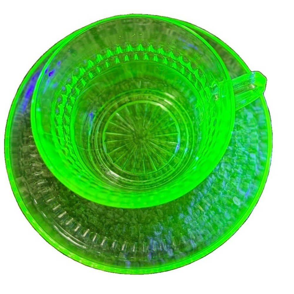 Vtg Hazel Atlas Uranium Vaseline Cup/Saucer UV Reactive